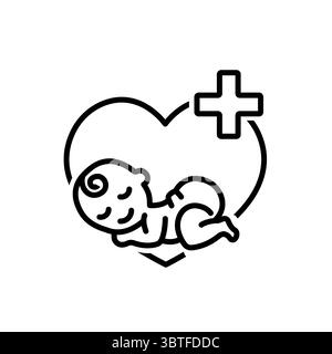 Kindermedizin. Säugling und Schild mit Kreuz. Spezialisierte Gesundheitsversorgung und Versicherung für Babys. Symbol für perfekte Pixel Stock Vektor