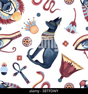 Nahtloses Muster im ägyptischen Stil, Symbole, alte Ornamente. Bastet, Scarabkäfer, Auge des Horus, Ankh, geometrische Figuren, abstrakte Blumen Lotus Stockfoto