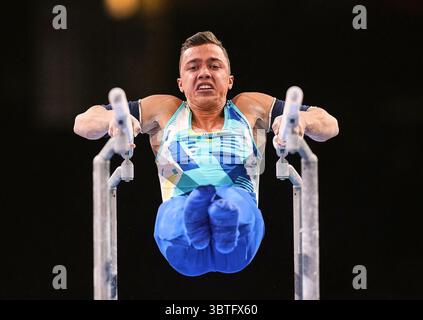 11. Oktober 2019: Milad Karimi aus Kasachstan tritt bei der 49. FIG Kunstturnen-Weltmeisterschaft in der Hanns Martin Schleyer Halle in Stuttgart an. Ulrik Pedersen/CSM.(Kreditbild: &Copy; Ulrik Pedersen/CSM via ZUMA Wire) Stockfoto