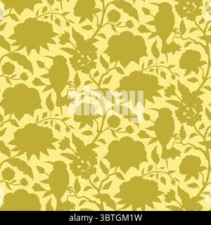 Nahtloses Muster mit einfarbigen gelben Chinoiserie, handgezeichnete Blumen und Vogelsilhouetten Stock Vektor