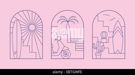 Minimaler Line-Surf-Club, Camp-Ikonen, Abzeichen. Niedliche Landschaft mit Vektor-Surfbrett, Fahrrad, Handfläche, Bogen, Treppe für T-Shirt, Merch Designs. Stock Vektor