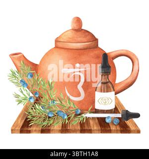Wasserfarbe Ton Teekanne mit drittem Auge Ajna Chakra Symbol, wacholderzweige und Glasfläschchen mit ätherischem Öl auf Holztablett. Ayurveda Clipart. Hand-dr Stockfoto