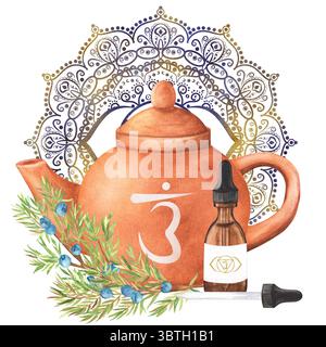 Wasserfarben Terrakotta Teekanne mit Chakra-Symbol für das dritte Auge und ein Fläschchen mit dem Energiebilanz des ätherischen wacholderöls. Goldenes Indigo Mandala mit Ajna Chakra Stockfoto