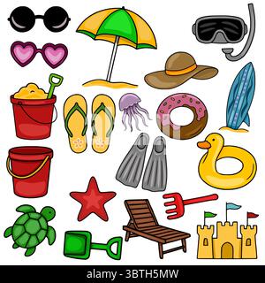 Lebendige Vektor-Illustration einer verspielten Sommer-Strandkollektion, mit Sonnenbrille, Sonnenschirm, Tauchmaske, Surfbrett, Strandspielzeug, Flipflops Stock Vektor