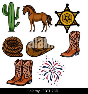 Eine lebendige Vektor-Illustration mit einer Sammlung von Elementen des Wilden Westens: Ein Kakteen, ein Pferd, ein Sheriffs-Abzeichen, ein Lasso, ein Cowboyhut, Cowboystiefel, Stock Vektor
