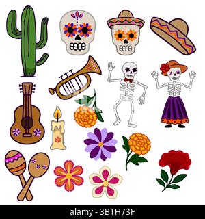 Lebendige Vektor-Illustration von Tag der Toten festliche Elemente: Schädel, Skelette, Musikinstrumente und Blumen Stock Vektor
