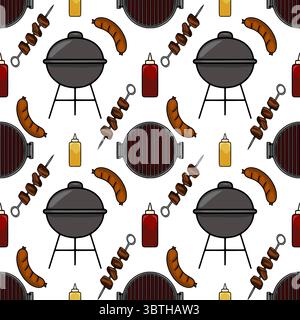 Nahtloses Vektormuster einer Sommer-BBQ-Party mit Holzkohlegrill, Würstchen, Spieße, Ketchup und Senf, im Cartoon-Stil entworfen. Stock Vektor