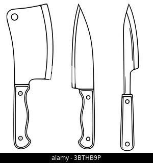 Eine Vektor-Illustration mit drei verschiedenen Küchenmessern: Einem Beil, einem Küchenmesser und einem Schälmesser, jedes in einer sauberen, minimalistischen Linie dargestellt Stock Vektor