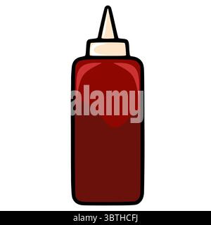 Diese Vektor-Illustration zeigt eine stilisierte Flasche dunkelroter Soße oder Gewürz, mit einem spitzen Deckel und einer leicht welligen Fülllinie, die auf einen andeutet Stock Vektor