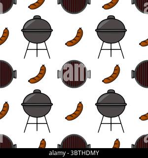 Nahtloses Vektormuster von Holzkohlegrills und Würstchen im Cartoon-Stil, perfekt für Sommer-Grillmotive, mit einer verspielten und appetitlichen Illus Stock Vektor