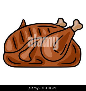 Roasted Chicken Vector Illustration: Eine detaillierte Darstellung eines ganzen gerösteten Huhns mit sichtbaren Grillmarkierungen, die einen stilisierten, cartoonartigen Desig zeigen Stock Vektor