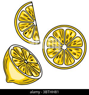 Lebendige Vektorillustration von drei Zitronenscheiben in verschiedenen Positionen, mit handgezeichnetem Stil mit kräftigen Umrissen und hellen Gelbtönen. Stock Vektor