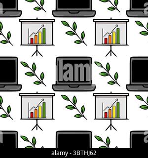Nahtlose Vektormuster von Laptops, Flipcharts mit Wachstumsdiagrammen und grünen Blättern, die ein modernes Bürokonzept mit Naturelementen veranschaulichen. Stock Vektor