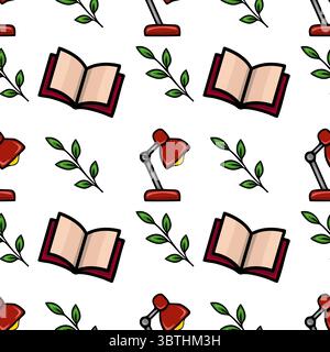 Nahtloses Vektormuster mit roten Schreibtischlampen, offenen Büchern und grünen Blättern, die eine charmante und fleißige Atmosphäre schaffen. Stock Vektor