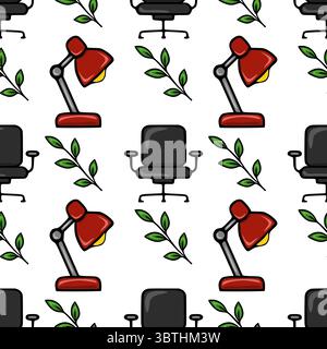 Nahtloses Vektormuster mit stilvollen Bürostühlen, roten Schreibtischlampen und grünen Blättern, die ein lebendiges und modernes Design für den Arbeitsplatz schaffen. Stock Vektor