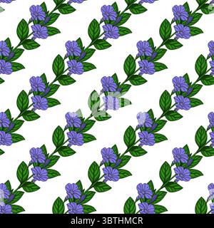 Nahtloses Vektormuster aus stilisierten Blütenblättern und Blättern, diagonal auf weißem Hintergrund angeordnet, mit leuchtenden lila Blüten und lu Stock Vektor