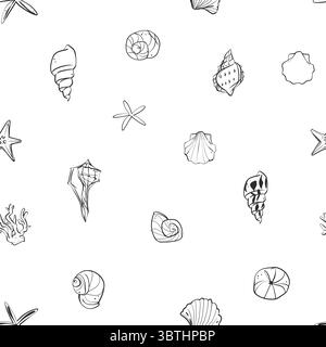 Hand gezeichnetes nahtloses Muster der Vektor-grafischen Linie Kunst mit entzückenden netten lustigen Meeresschalen und Mollusk.Vektor-Illustration der Ozean-Natur-Umrisse Stock Vektor