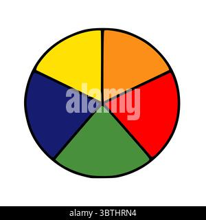 Lebendige Vektorillustration einer kreisförmigen Farbpalette, die in fünf fettgedruckte Segmente unterteilt ist: Gelb, orange, rot, dunkelblau und grün. mit einer Destillation Stock Vektor