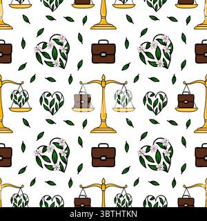 Nahtloses Vektormuster mit goldenen Skalen der Gerechtigkeit, die eine Aktentasche und ein herzförmiges Blumendesign ausbalancieren, das die Vereinbarkeit von Beruf und Privatleben symbolisiert Stock Vektor