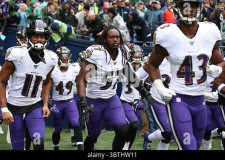 20. Oktober 2019: Die Baltimore Ravens erobern das Feld vor einem Spiel zwischen den Baltimore Ravens und den Seattle Huskies im CenturyLink Field in Seattle, WA. Die Ravens besiegten die Seahawks mit 30:16. Sean Brown/CSM(Credit Image: &Copy; Sean Brown/CSM via ZUMA Wire) Stockfoto