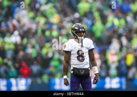 20. Oktober 2019: Baltimore Ravens Quarterback Lamar Jackson (8) auf dem Feld während eines Spiels zwischen den Baltimore Ravens und den Seattle Huskies im CenturyLink Field in Seattle, WA. Die Ravens besiegten die Seahawks mit 30:16. Sean Brown/CSM(Credit Image: &Copy; Sean Brown/CSM via ZUMA Wire) Stockfoto