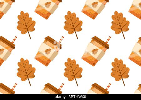 Herbst-Desserts mit flachem, nahtlosem Muster. Kürbis Gewürz Latte und Cupcakes Vektor Textur. Cappuccino, Kuchen und Blätter im Hintergrund. Speisen der Herbstsaison Stock Vektor