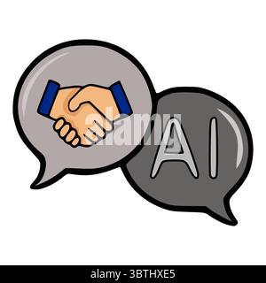 Eine Vektor-Illustration, die zwei Sprechblasen zeigt, eine zeigt einen Handschlag, der Partnerschaft symbolisiert, und die andere zeigt KI, die arti repräsentiert Stock Vektor