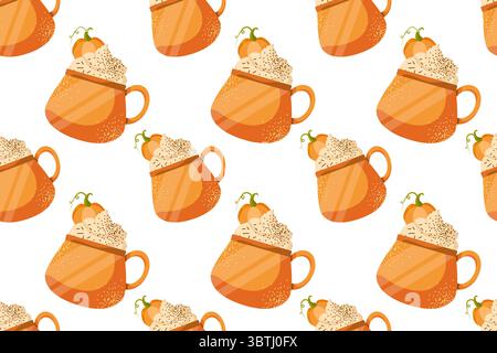 Herbst-Desserts mit flachem, nahtlosem Muster. Kürbis Gewürz Latte und Cupcakes Vektor Textur. Cappuccino, Kuchen und Blätter im Hintergrund. Speisen der Herbstsaison Stock Vektor