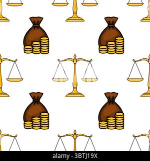 Nahtloses Vektormuster mit goldenen Waagen der Gerechtigkeit und Säcken mit Goldmünzen, die das Gleichgewicht von Reichtum und Gesetz symbolisieren. Stock Vektor
