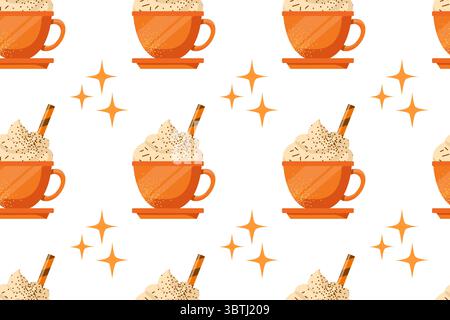 Herbst-Desserts mit flachem, nahtlosem Muster. Kürbis Gewürz Latte und Cupcakes Vektor Textur. Cappuccino, Kuchen und Blätter im Hintergrund. Speisen der Herbstsaison Stock Vektor