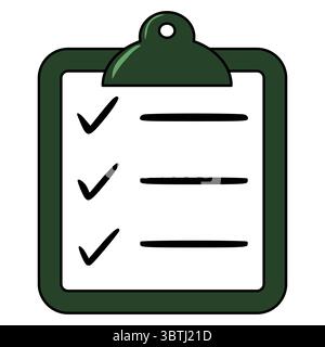 Eine Vektorgrafik einer dunkelgrünen Zwischenablage mit einer Checkliste, mit kräftigen schwarzen Linien und Häkchen, die ein einfaches, aber effektives Design für die Zukunft bietet Stock Vektor