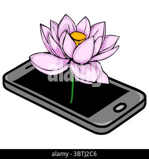 Vektor-Illustration einer zarten rosa Lotusblume, die scheinbar von einem modernen Smartphone-Bildschirm auftaucht und die digitale Integration der Natur symbolisiert Stock Vektor