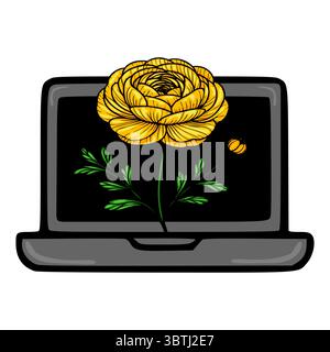 Vektor-Illustration einer leuchtenden gelben Ranunkelblume, die auf einem Laptop-Bildschirm blüht und die Verschmelzung von Natur und Technologie symbolisiert. Stock Vektor