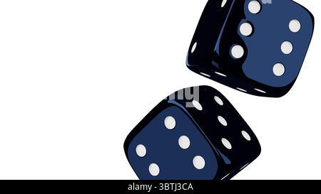 Nahaufnahme: Dunkelblaue zwei Würfel auf isoliertem Hintergrund. Hochglanzwürfel für Glücksspiele. 3D-Rendering Stockfoto