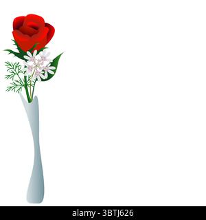 Floraler Hintergrund mit roter Rose in Vase und Blättern. Stock Vektor