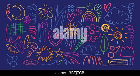 Set aus kindlichen und naiven mehrfarbigen Doodles, handgezeichnet mit Bleistift und Kohle. Bunte Kritzeleien mit fröhlichen Vibes und Grunge-Textur. Banner Stock Vektor