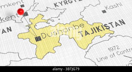 Tadschikistan, Duschanbe - Pin auf politische Karte schieben - 3D-Illustration Stockfoto