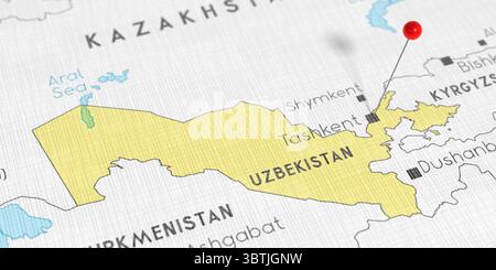 Usbekistan, Taschkent - Pin auf politische Karte schieben - 3D-Illustration Stockfoto