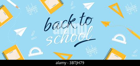 Zurück zur Schule Hintergrund mit Schulmaterial Flat Vector. Stock Vektor