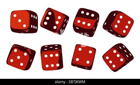 Rote Würfel auf isoliertem Hintergrund. Zufällige rollende Würfelwürfel. Hochglanzwürfel für Glücksspiele. 3D-Rendering Stock Vektor