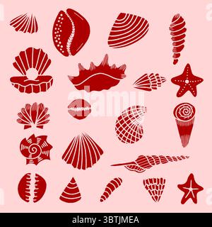 Handgezeichnete Vektor-Illustration von Muscheln und Seesternen, Muschelkollektion, Sommer Reise Marine Kit. Unterwasser-Muschelset, Doodle Outline Stock Vektor