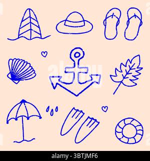 Niedliches Sommerstrandkritzelset mit tropischen Urlaubselementen, Regenschirm und Urlaubsikonen im handgezeichneten Vektorstil Stock Vektor