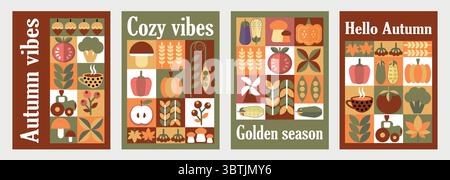 Herbst geometrische Mosaikhintergrund bauhaus-Muster. Moderne Figur, Form und herbstliche Elemente. Skandinavisch. Minimalistische Elemente für Design, moderne natürliche Bio-Ernte. Stock Vektor