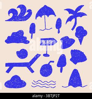 Summer Beach Silhouette Icons, Flat Vector Urlaub Doodles, Reise und Entspannung Symbol Sammlung für Urlaub Designs Stock Vektor