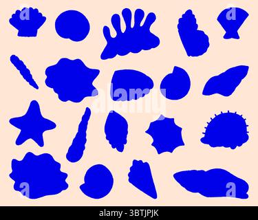 Muscheln und Seesterne Silhouetten, Muschelkollektion, Marine-Kit für Sommerreisen. Unterwasserschale Silhouette Set, handgezeichneter Vektor Stock Vektor