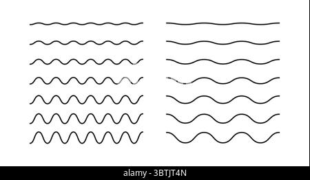 Wellige, kurvige, Zickzacklinien. Horizontale Querlinien. Einfache Wellenlinien. Luft, Sinus, Flüssigkeit, Windzeichen Sammlung. Fluss, Wasser, See, Ozean oder Stock Vektor