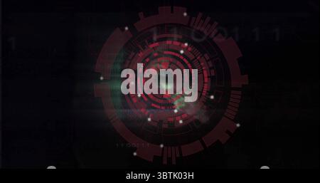Anzeige einer kreisförmigen digitalen Schnittstelle, die sich im HUD dreht, mit Ringen, leuchtenden Knoten und Binärcode Stockfoto
