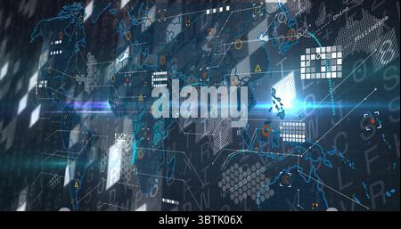 Anzeige der holografischen Welt-Karten-Schnittstelle im Kontrollzentrum, mit sechseckigen Überlagerungen Stockfoto