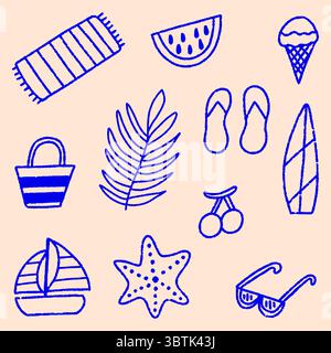 Niedliche Doodle-Elemente im Sommerurlaub mit tropischem Inselfeeling und handgezeichneten Illustrationen am Meer Stock Vektor