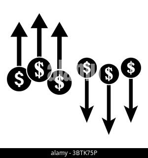Symbol „Geldbewegung“. Pfeile für Dollarmünzen. Vektor für Finanzfluss. Symbol für Markttrend. Stock Vektor